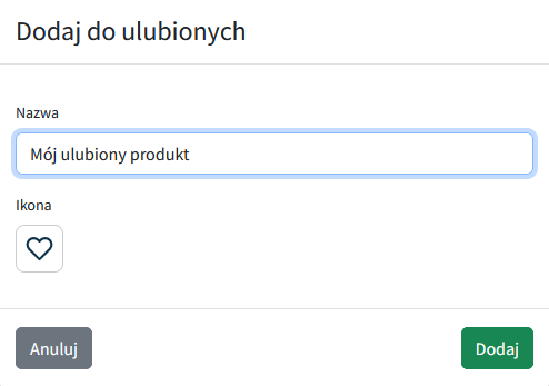 Okno modalne widoczne po wybraniu opcji dodania strony do ulubionych, gdzie można wpisać tytuł oraz wybrać ikonę.